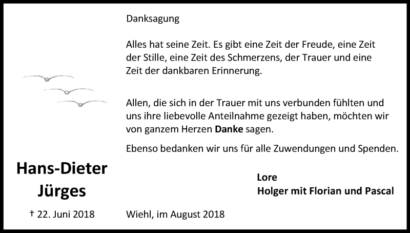  Traueranzeige für Hans-Dieter Jürges vom 18.08.2018 aus Kölner Stadt-Anzeiger / Kölnische Rundschau / Express