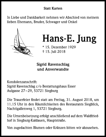 Anzeige von Hans-E. Jung von Kölner Stadt-Anzeiger / Kölnische Rundschau / Express