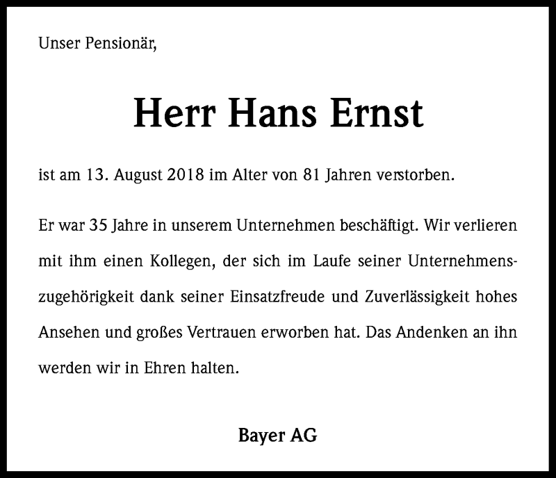  Traueranzeige für Hans Ernst vom 17.08.2018 aus Kölner Stadt-Anzeiger / Kölnische Rundschau / Express