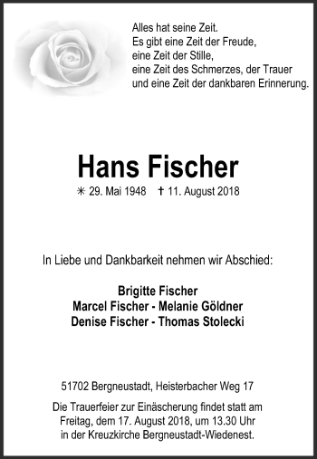 Anzeige von Hans Fischer von Kölner Stadt-Anzeiger / Kölnische Rundschau / Express