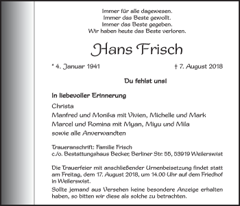 Anzeige von Hans Frisch von  Blickpunkt Euskirchen 