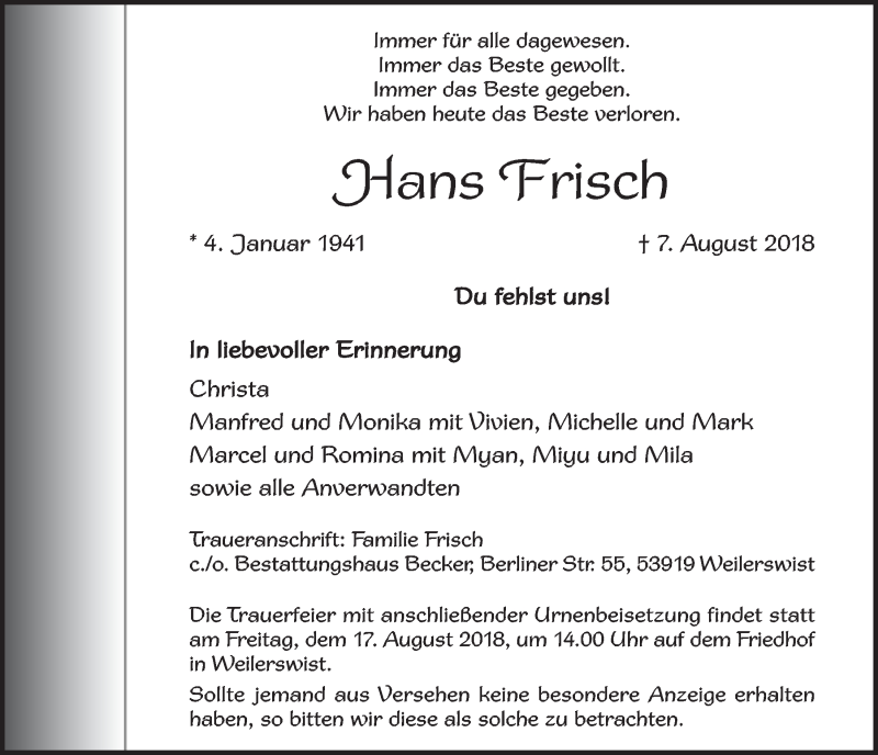  Traueranzeige für Hans Frisch vom 11.08.2018 aus  Blickpunkt Euskirchen 