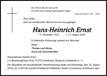 Anzeige von Hans-Heinrich Ernst von Kölner Stadt-Anzeiger / Kölnische Rundschau / Express