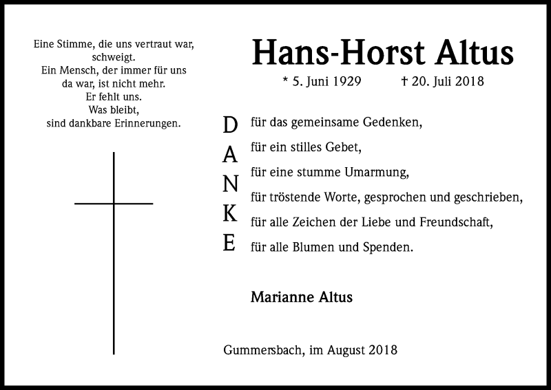  Traueranzeige für Hans-Horst Altus vom 29.08.2018 aus Kölner Stadt-Anzeiger / Kölnische Rundschau / Express