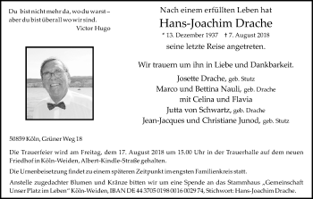 Anzeige von Hans-Joachim Drache von Kölner Stadt-Anzeiger / Kölnische Rundschau / Express
