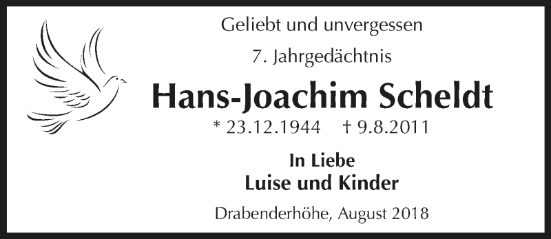  Traueranzeige für Hans-Joachim Scheldt vom 08.08.2018 aus  Anzeigen Echo 