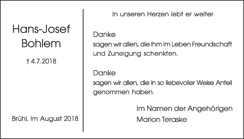  Traueranzeige für Hans-Josef Bohlem vom 22.08.2018 aus  Schlossbote/Werbekurier 