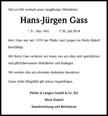 Anzeige von Hans-Jürgen Gass von Kölner Stadt-Anzeiger / Kölnische Rundschau / Express