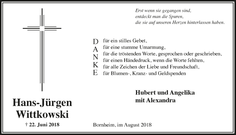  Traueranzeige für Hans-Jürgen Wittkowski vom 15.08.2018 aus  Schaufenster/Blickpunkt 