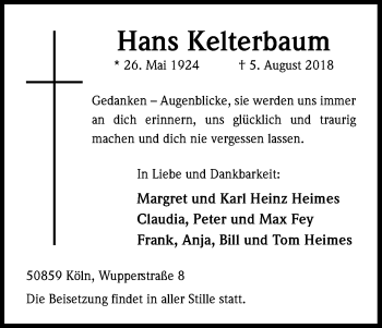 Anzeige von Hans Kelterbaum von Kölner Stadt-Anzeiger / Kölnische Rundschau / Express