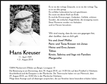 Anzeige von Hans Kreuser von  Blickpunkt Euskirchen 