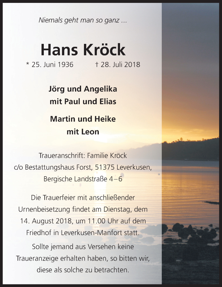  Traueranzeige für Hans Kröck vom 08.08.2018 aus Kölner Stadt-Anzeiger / Kölnische Rundschau / Express