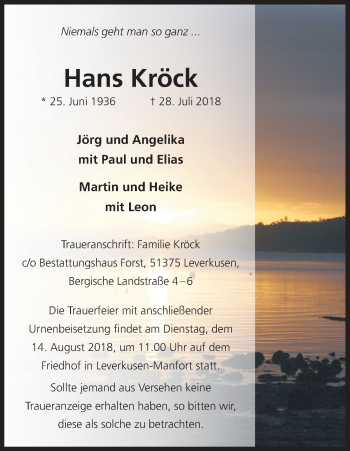 Anzeige von Hans Kröck von Kölner Stadt-Anzeiger / Kölnische Rundschau / Express