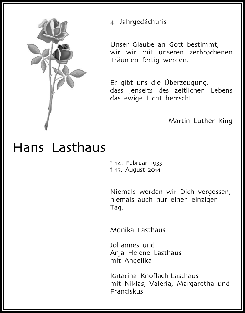  Traueranzeige für Hans Lasthaus vom 18.08.2018 aus Kölner Stadt-Anzeiger / Kölnische Rundschau / Express