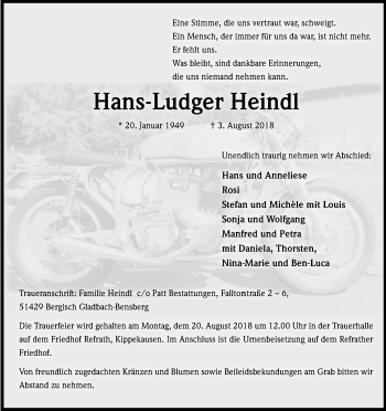 Anzeige von Hans-Ludger Heindl von Kölner Stadt-Anzeiger / Kölnische Rundschau / Express