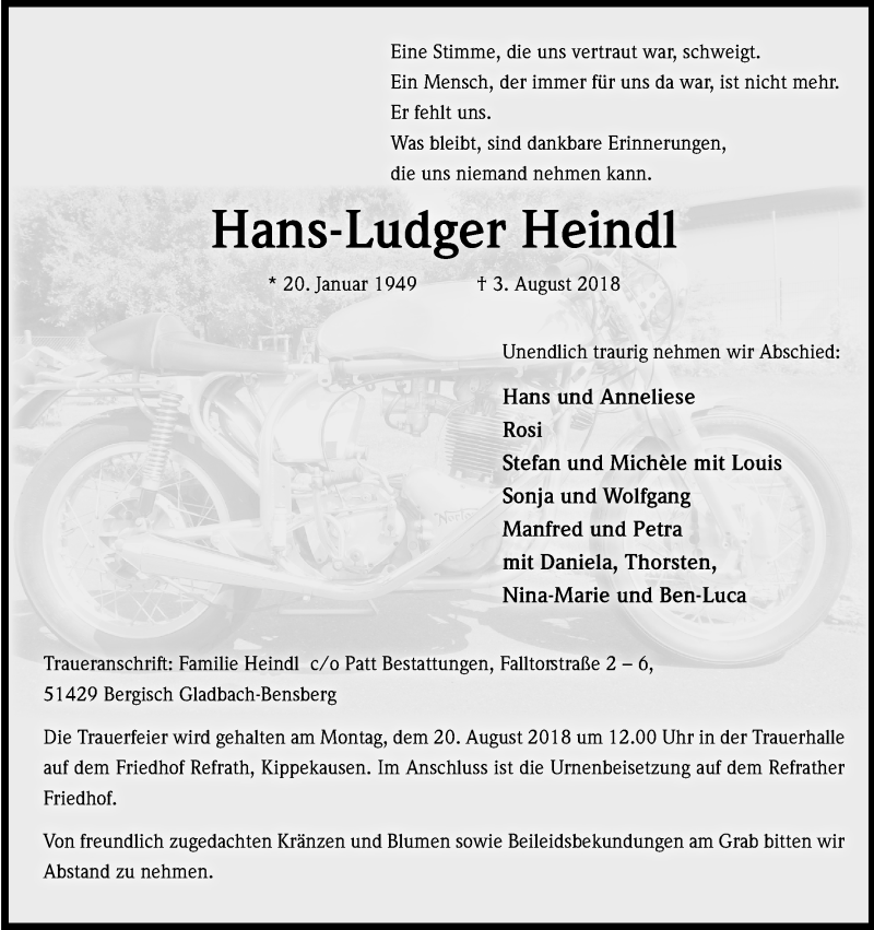  Traueranzeige für Hans-Ludger Heindl vom 11.08.2018 aus Kölner Stadt-Anzeiger / Kölnische Rundschau / Express