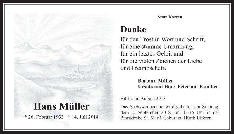  Traueranzeige für Hans Müller vom 22.08.2018 aus  Wochenende 