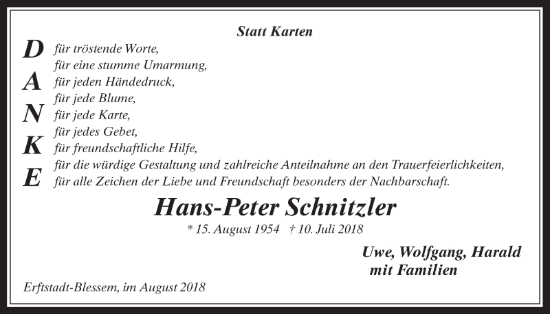  Traueranzeige für Hans-Peter Schnitzler vom 15.08.2018 aus  Werbepost 