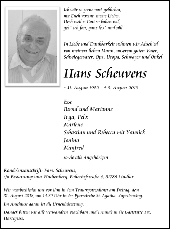 Anzeige von Hans Scheuvens von Kölner Stadt-Anzeiger / Kölnische Rundschau / Express