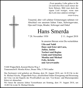 Anzeige von Hans Smerda von Kölner Stadt-Anzeiger / Kölnische Rundschau / Express