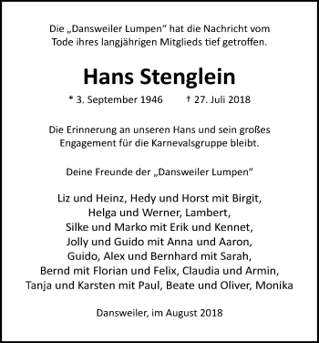 Anzeige von Hans Stenglein von Kölner Stadt-Anzeiger / Kölnische Rundschau / Express