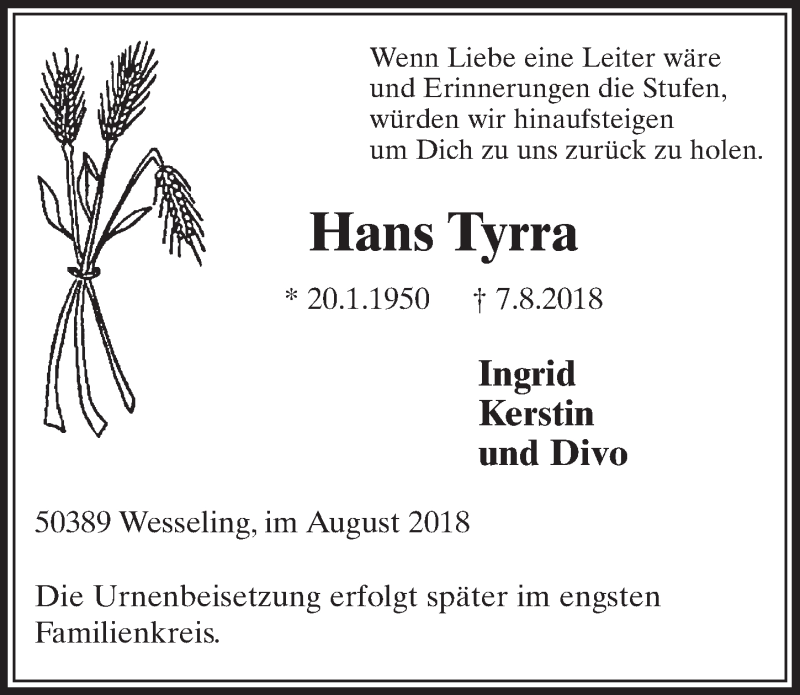  Traueranzeige für Hans Tyrra vom 15.08.2018 aus  Schlossbote/Werbekurier 