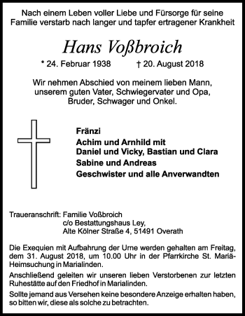 Anzeige von Hans Voßbroich von Kölner Stadt-Anzeiger / Kölnische Rundschau / Express