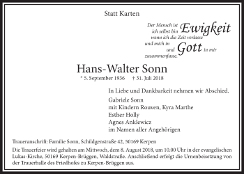 Anzeige von Hans-Walter Sonn von  Sonntags-Post 