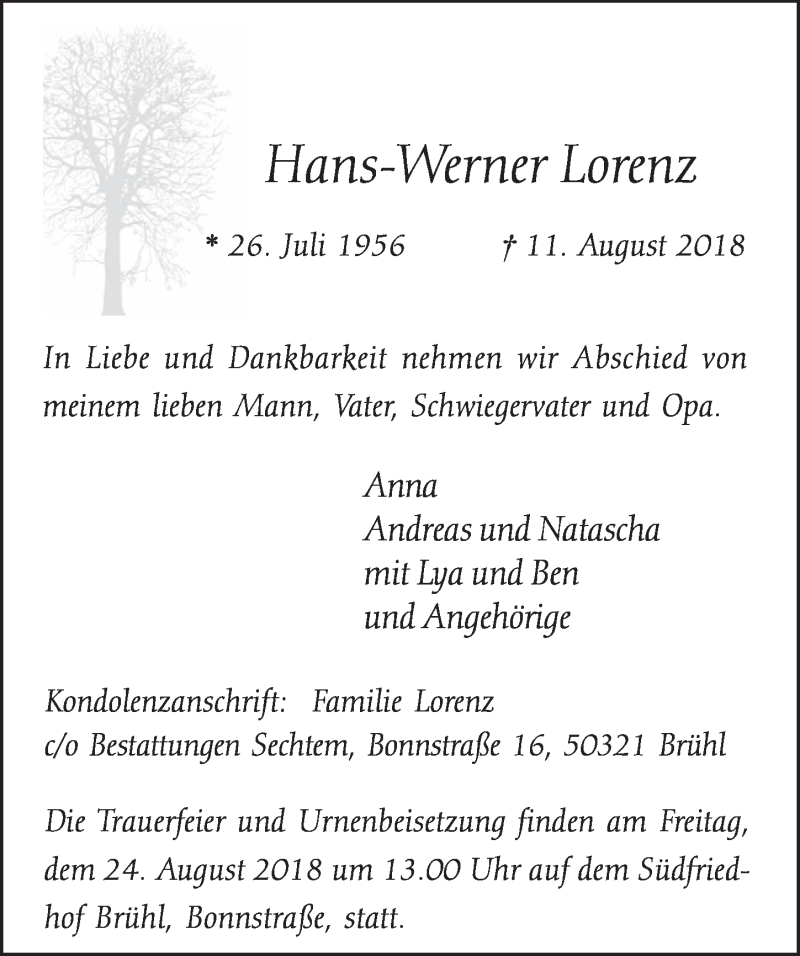  Traueranzeige für Hans-Werner Lorenz vom 15.08.2018 aus  Schlossbote/Werbekurier 