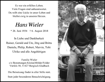 Anzeige von Hans Wieler von Kölner Stadt-Anzeiger / Kölnische Rundschau / Express