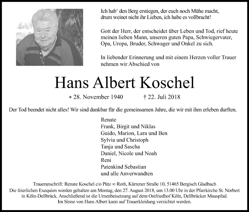  Traueranzeige für Hans Albert Koschel vom 18.08.2018 aus Kölner Stadt-Anzeiger / Kölnische Rundschau / Express