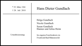 Anzeige von Hans Dieter Gundlach von Kölner Stadt-Anzeiger / Kölnische Rundschau / Express