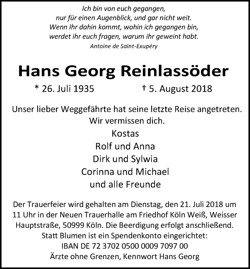  Traueranzeige für Hans Georg Reinlassöder vom 11.08.2018 aus Kölner Stadt-Anzeiger / Kölnische Rundschau / Express