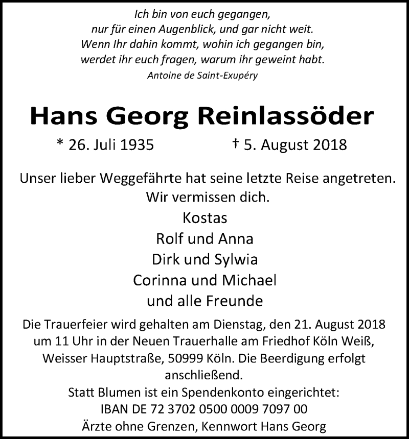  Traueranzeige für Hans Georg Reinlassöder vom 15.08.2018 aus Kölner Stadt-Anzeiger / Kölnische Rundschau / Express