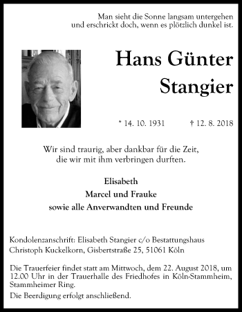 Anzeige von Hans Günter Stangier von Kölner Stadt-Anzeiger / Kölnische Rundschau / Express