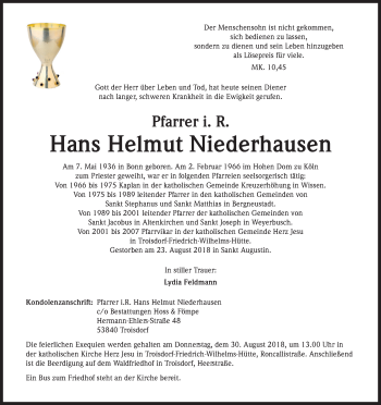 Anzeige von Hans Helmut Niederhausen von Kölner Stadt-Anzeiger / Kölnische Rundschau / Express