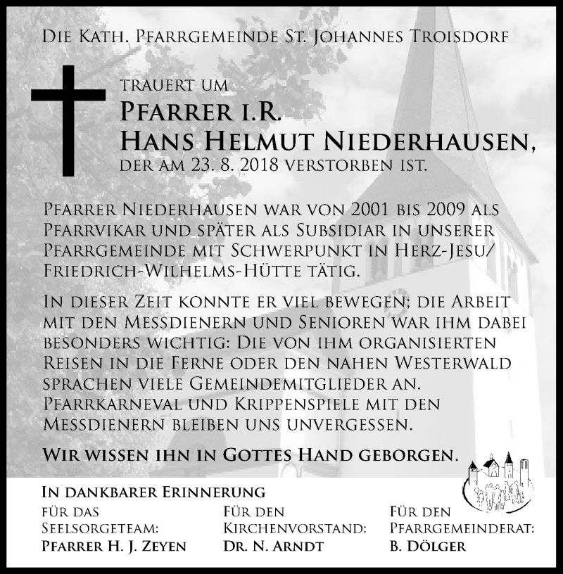  Traueranzeige für Hans Helmut Niederhausen vom 01.09.2018 aus Kölner Stadt-Anzeiger / Kölnische Rundschau / Express