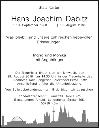 Anzeige von Hans Joachim Dabitz von Kölner Stadt-Anzeiger / Kölnische Rundschau / Express