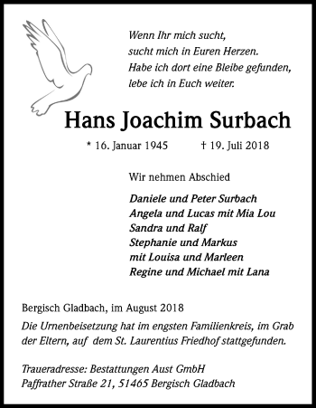 Anzeige von Hans Joachim Surbach von Kölner Stadt-Anzeiger / Kölnische Rundschau / Express
