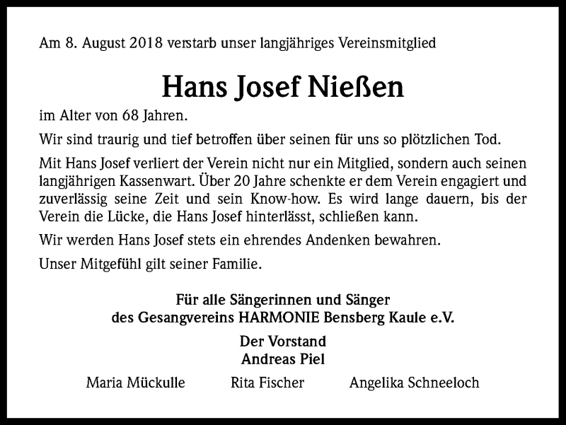  Traueranzeige für Hans Josef Nießen vom 01.09.2018 aus Kölner Stadt-Anzeiger / Kölnische Rundschau / Express