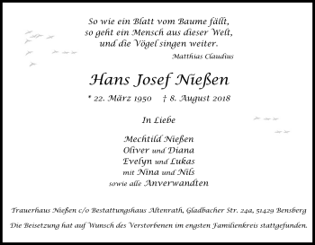 Anzeige von Hans Josef Nießen von Kölner Stadt-Anzeiger / Kölnische Rundschau / Express