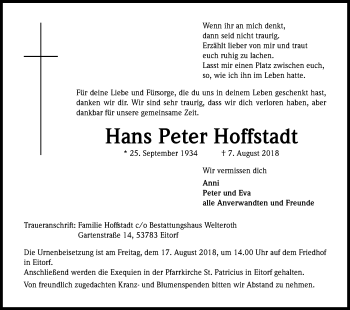 Anzeige von Hans Peter Hoffstadt von Kölner Stadt-Anzeiger / Kölnische Rundschau / Express