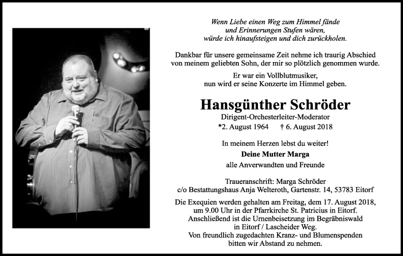  Traueranzeige für Hansgünther Schröder vom 11.08.2018 aus Kölner Stadt-Anzeiger / Kölnische Rundschau / Express