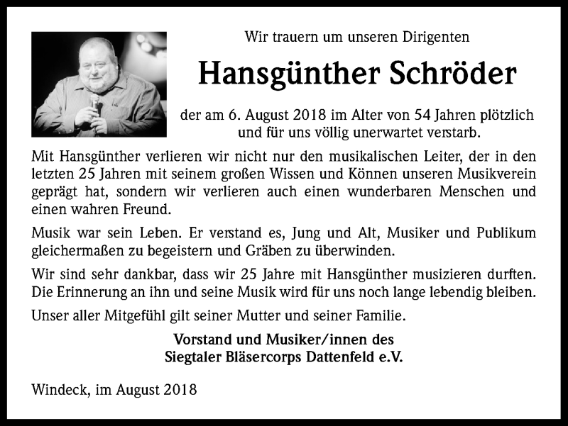  Traueranzeige für Hansgünther Schröder vom 11.08.2018 aus Kölner Stadt-Anzeiger / Kölnische Rundschau / Express