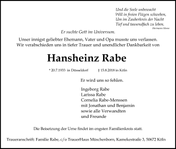Anzeige von Hansheinz Rabe von Kölner Stadt-Anzeiger / Kölnische Rundschau / Express