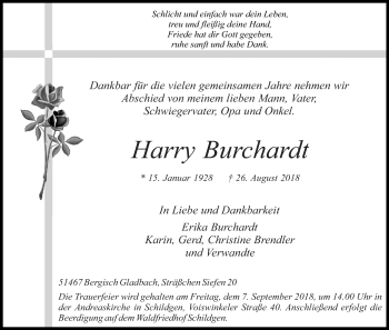 Anzeige von Harry Burchardt von Kölner Stadt-Anzeiger / Kölnische Rundschau / Express