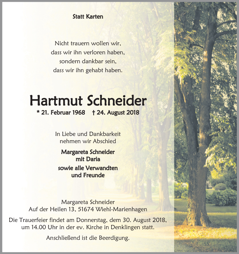  Traueranzeige für Hartmut Schneider vom 28.08.2018 aus Kölner Stadt-Anzeiger / Kölnische Rundschau / Express