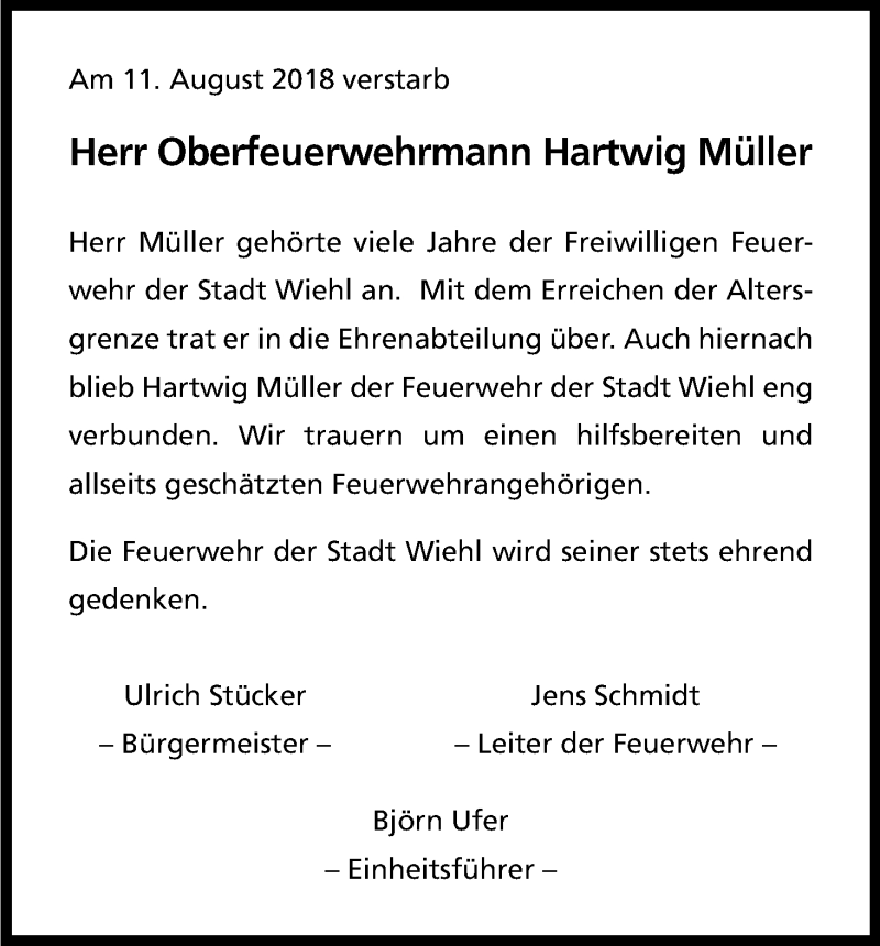  Traueranzeige für Hartwig Müller vom 24.08.2018 aus Kölner Stadt-Anzeiger / Kölnische Rundschau / Express