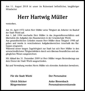 Anzeige von Hartwig Müller von Kölner Stadt-Anzeiger / Kölnische Rundschau / Express
