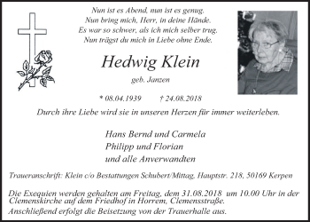Anzeige von Hedwig Janzen von  Werbepost 